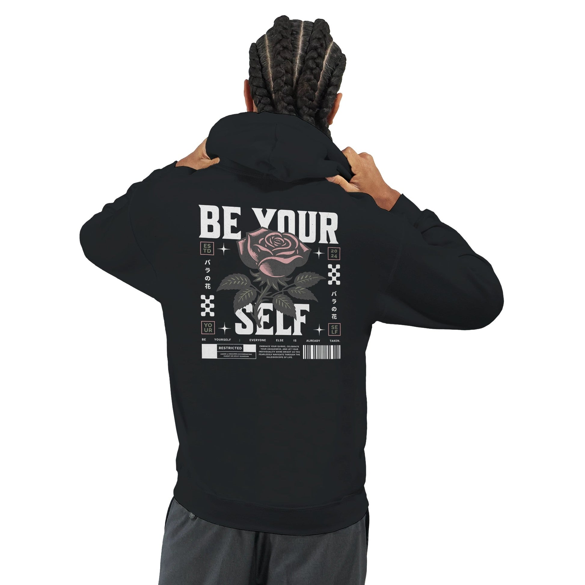Black unisex hoodie with "Be Yourself" text and rose graphic on the back, featuring a double-lined hood and front pouch pocket.