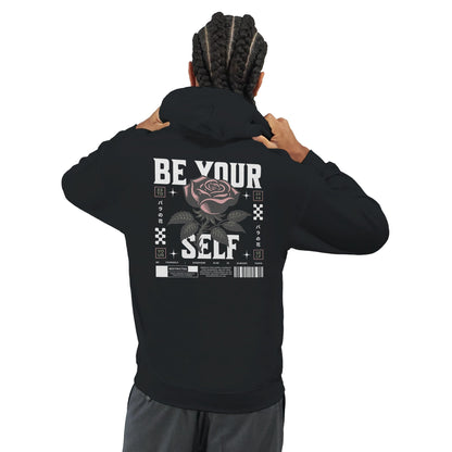 Black unisex hoodie with "Be Yourself" text and rose graphic on the back, featuring a double-lined hood and front pouch pocket.