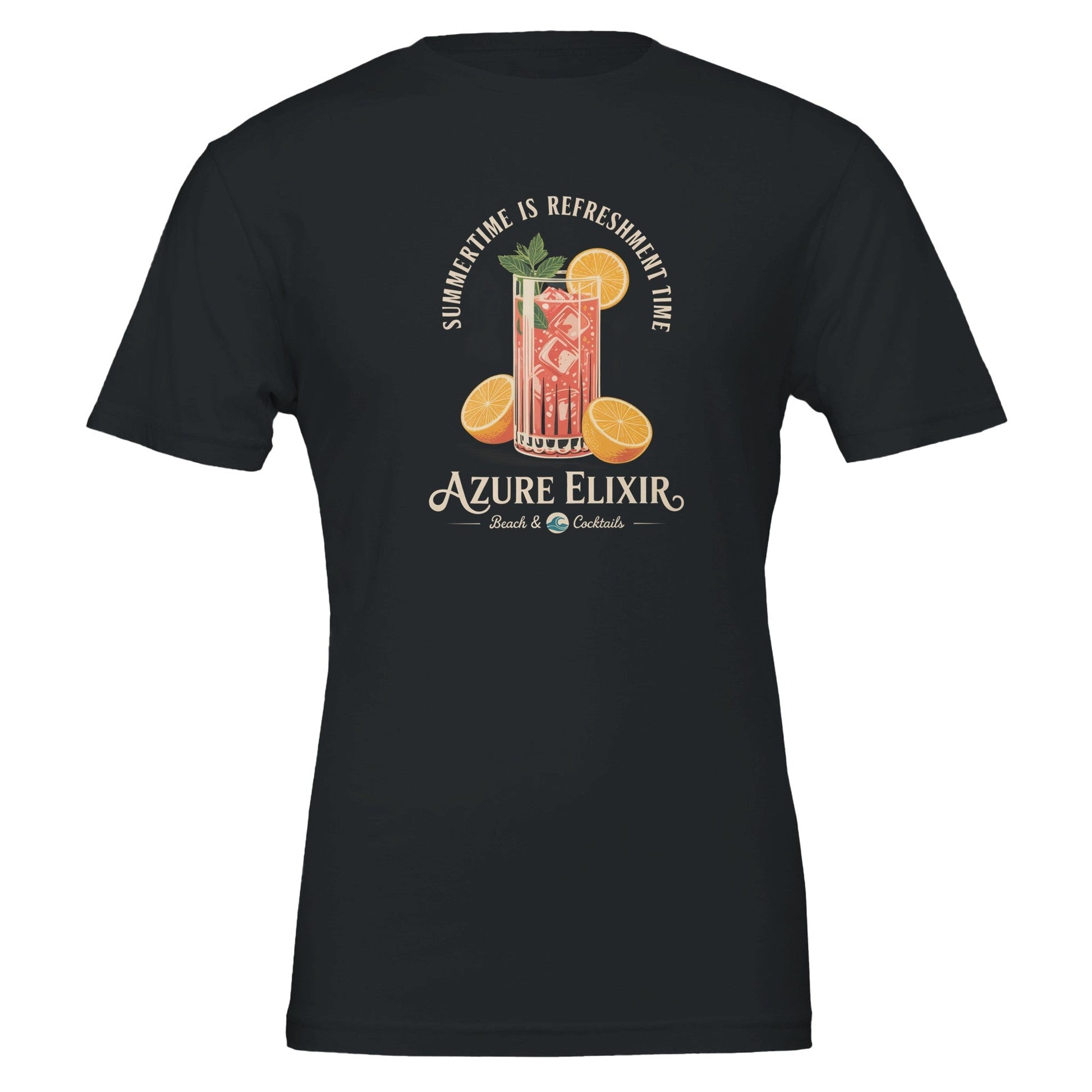 Schwarzes Sommer T-Shirt mit erfrischendem Cocktail-Print, weich und unisex für Strand und Bar