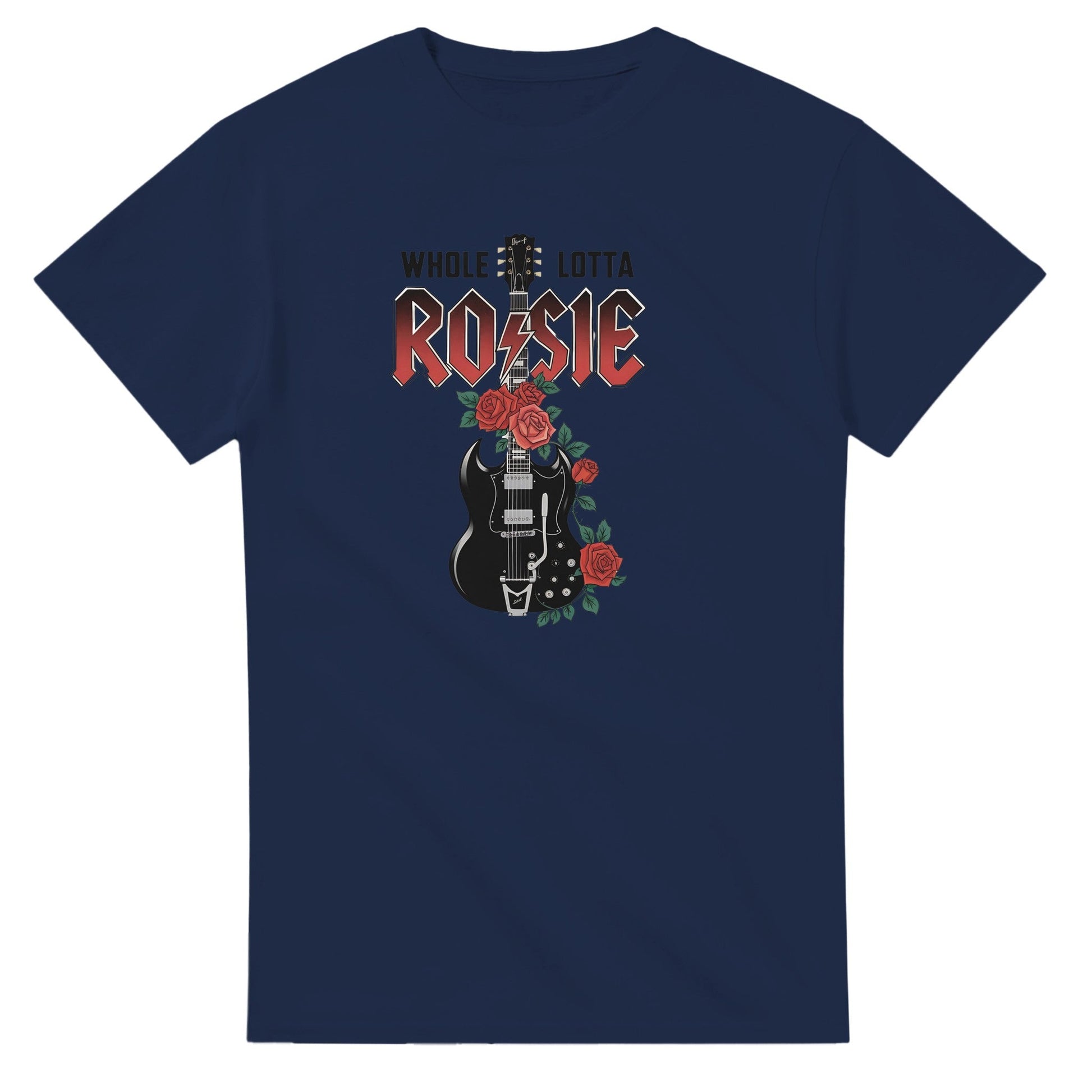 Navy AC DC T-Shirt with Rosie guitar design, classic fit, heavyweight cotton for everyday casual wear