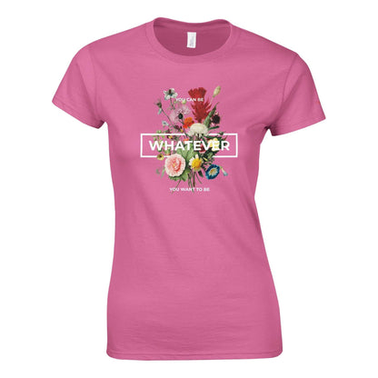 Pink Whatever Womens Crewneck T-shirt with floral graphic and text design, made from 100% ring-spun cotton for soft comfort and semi-fitted style.