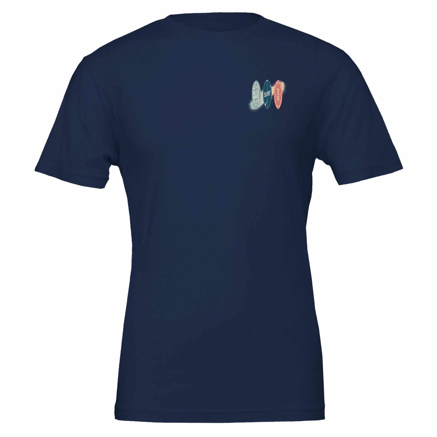 premium surfer t-shirt navy blau mit surfbrett motiv, weiches baumwollshirt für sommer und strandpartys