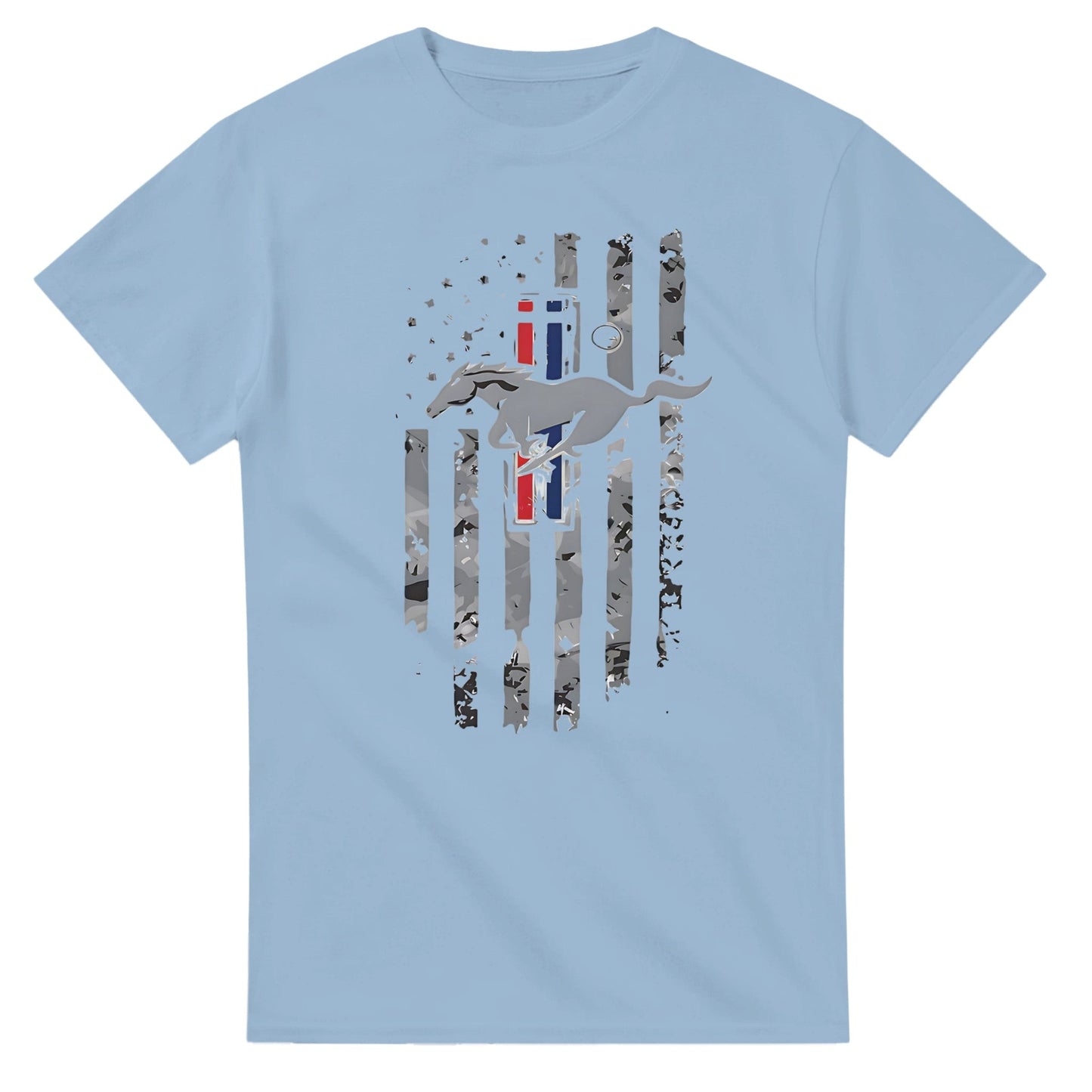 hellblaues horse american t-shirt mit amerikanischer flagge und pferde-design, unisex, aus 100% baumwolle, langlebig und bequem.