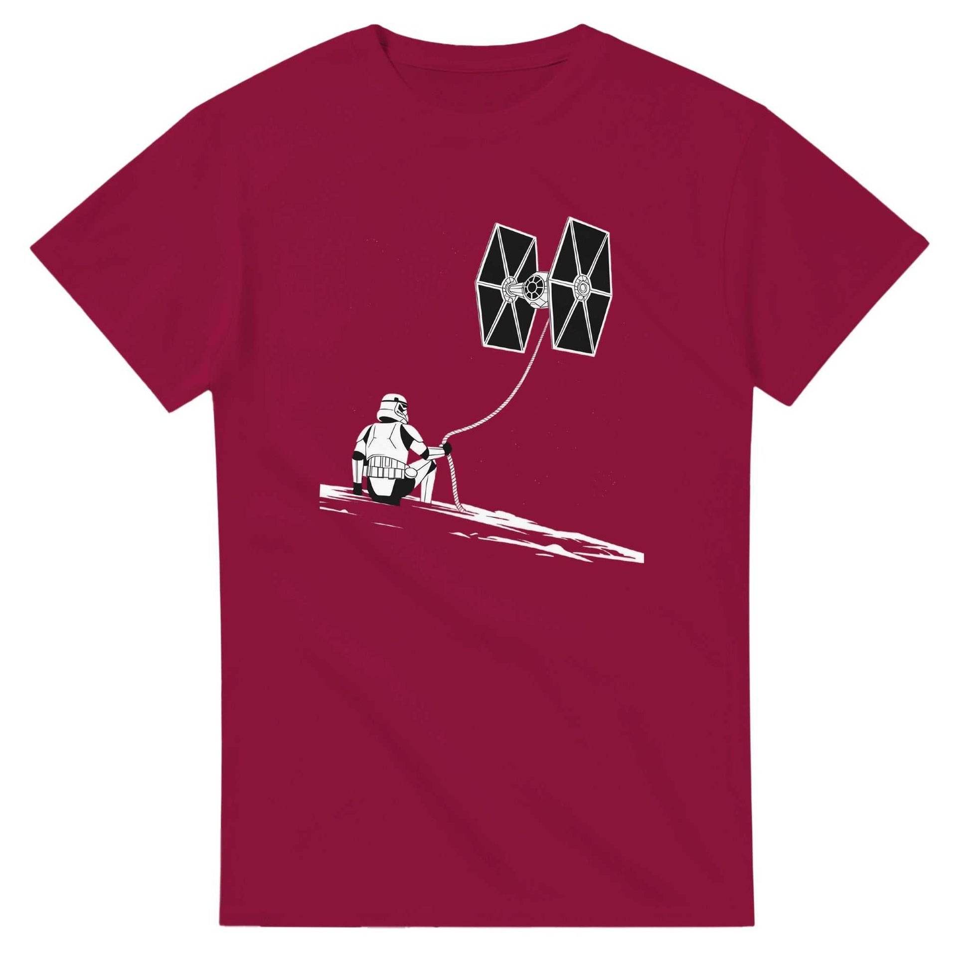 Star Wars Fan T-Shirt in heavy cotton with classic fit and Stormtrooper holding TIE Fighter kite graphic