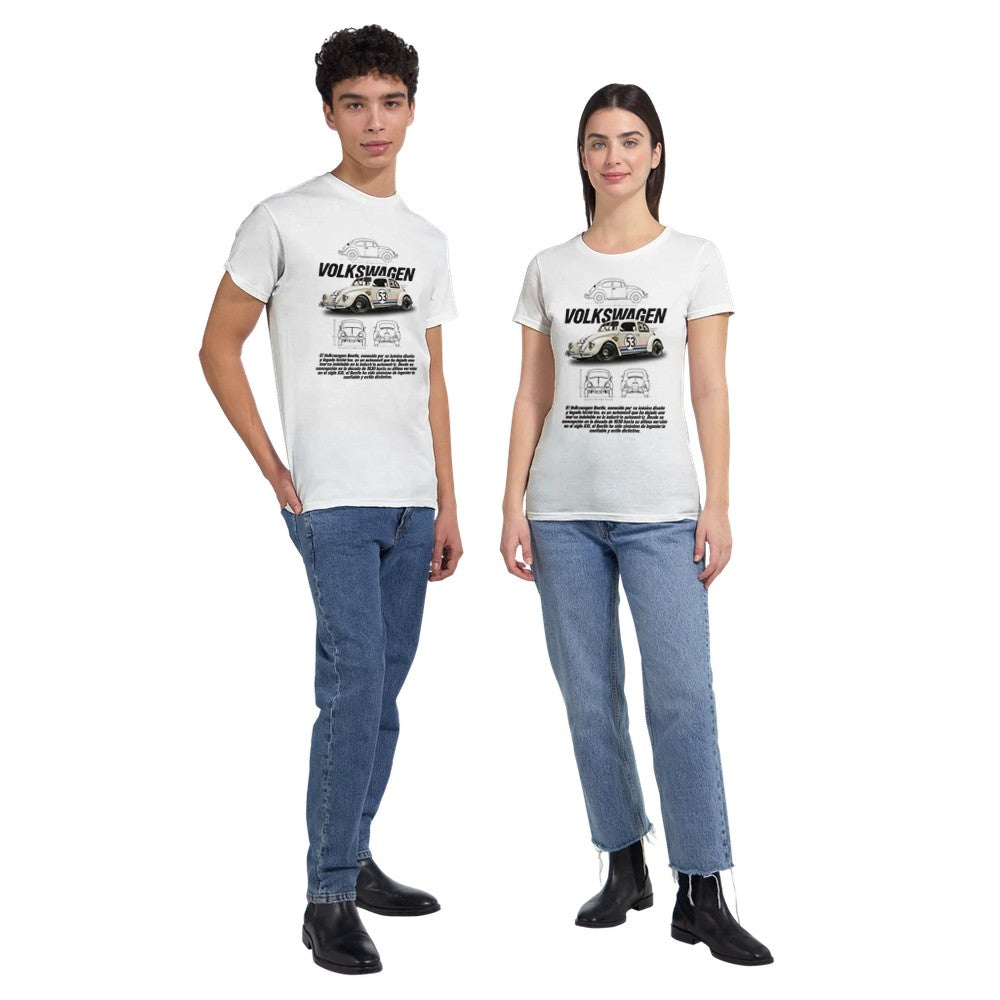 männer und frau tragen weißes vw käfer t-shirt aus baumwolle, lässiger stil für motorsport-fans.