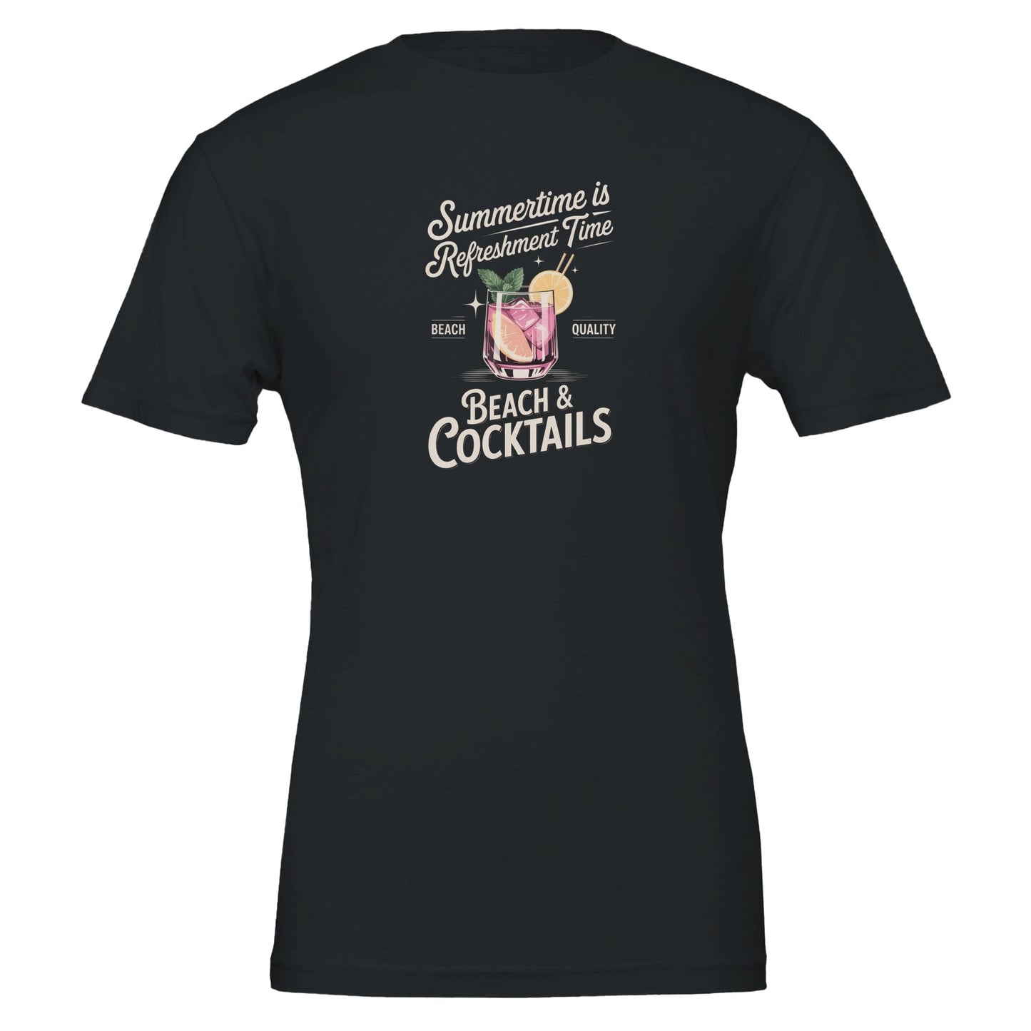 premium sommer cocktail t-shirt schwarzes unisex t-shirt aus weicher, nachhaltiger baumwolle mit sommerlichem cocktail-print beach & cocktails