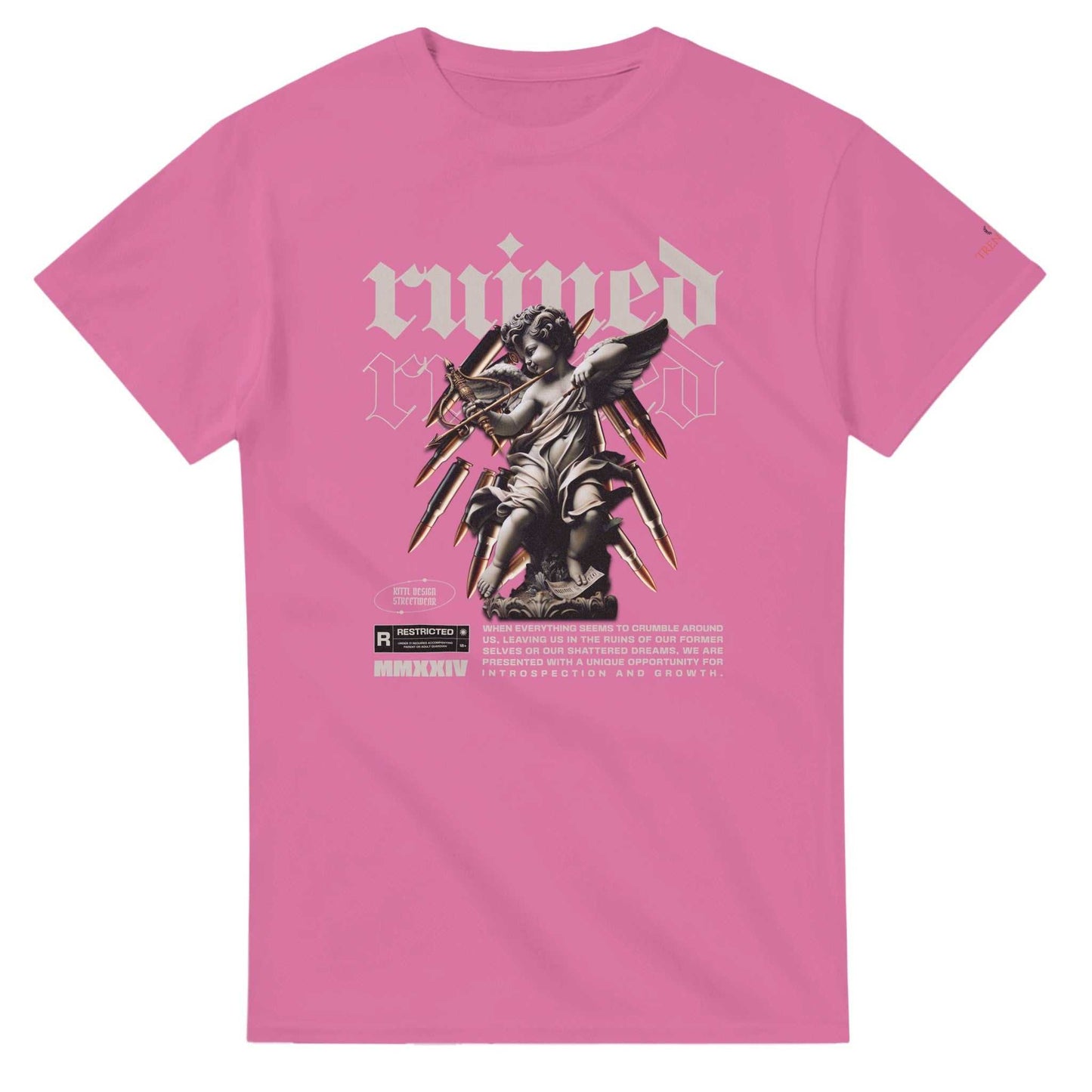 pink ruined streetwear unisex heavyweight cotton crewneck t-shirt with angel graphic and text design