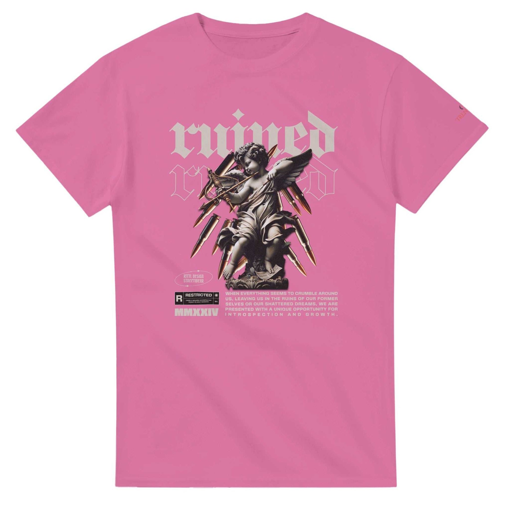 Pink Ruined Streetwear unisex heavyweight cotton crewneck t-shirt with angel graphic and text design