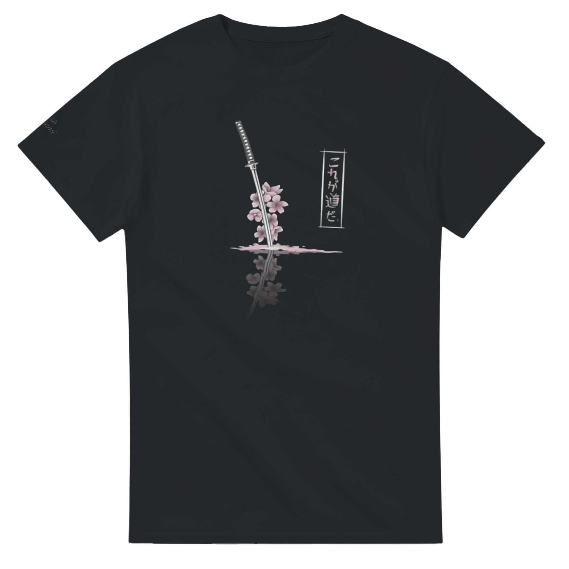 Black Sakura Samurai T-Shirt with katana and cherry blossom design, unisex cotton tee, Japanese culture inspired fashion