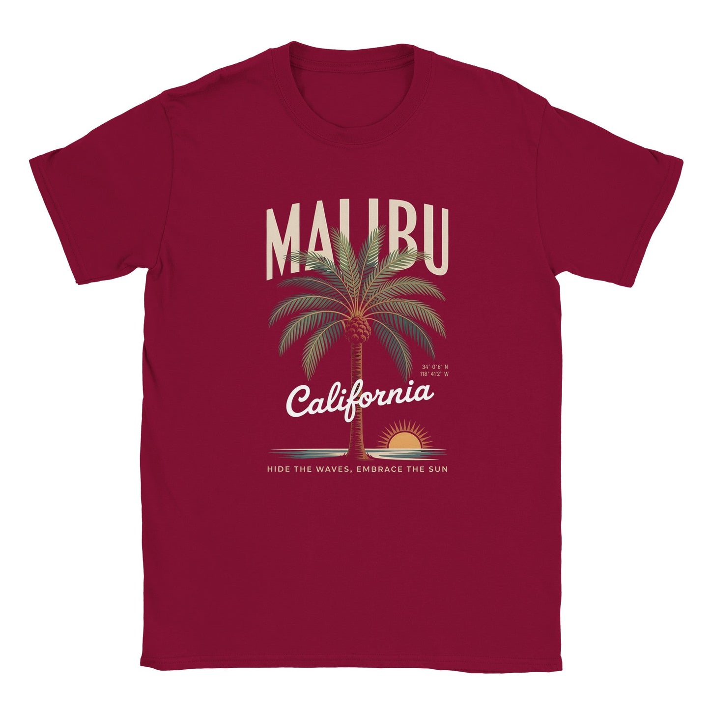 california sunshine sommer t-shirt in burgunderrot mit malibu-palmen-design und weichem, nahtlosem tragekomfort