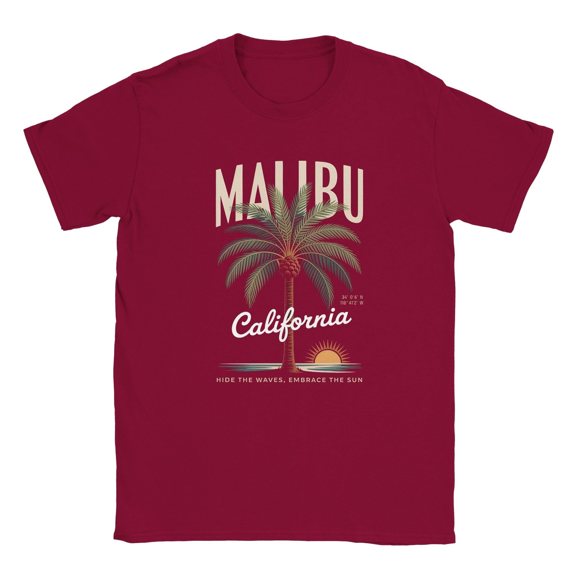 California Sunshine Sommer T-Shirt in burgundy with Malibu palm tree and sun graphic, soft seamless summer tee
