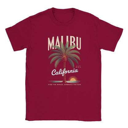 California Sunshine Sommer T-Shirt in Burgunderrot mit Malibu-Palmen-Design und weichem, nahtlosem Tragekomfort