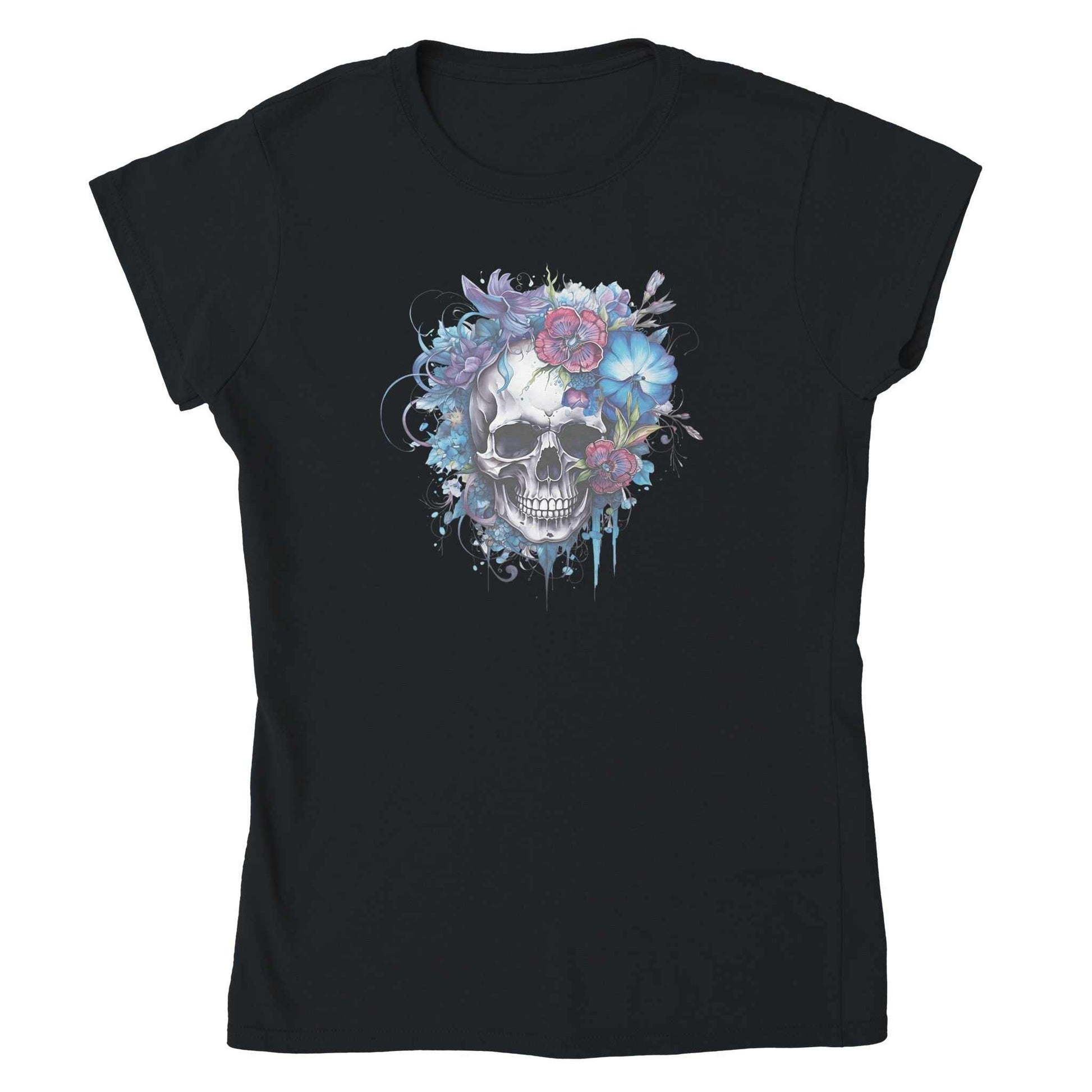 Women’s black premium t-shirt with skull and blue flower design, soft 100% cotton, fitted style, eco-friendly production Skull Flower Women tee