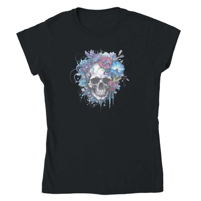 Schwarzes Damen-T-Shirt mit Skull- und Blumenmotiv, aus 100% ringgesponnener Baumwolle, halbtailliert und bequem.
