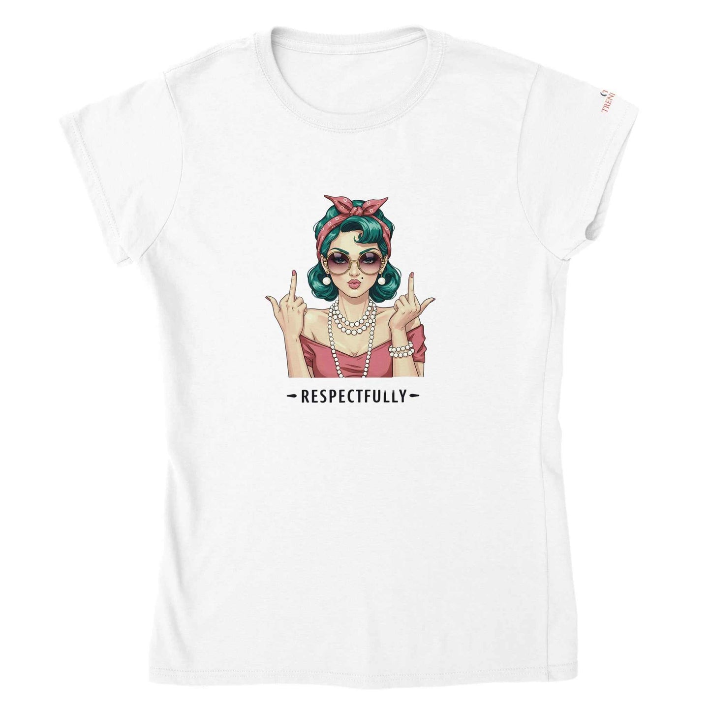 weißes klassisches t-shirt mit stilvollem retro-mädchen-print und schriftzug "respectfully"