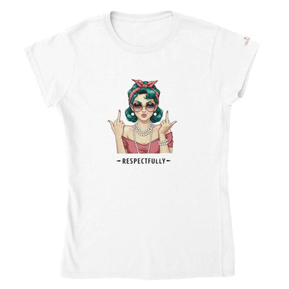 Weißes klassisches T-Shirt mit stilvollem Retro-Mädchen-Print und Schriftzug "Respectfully"