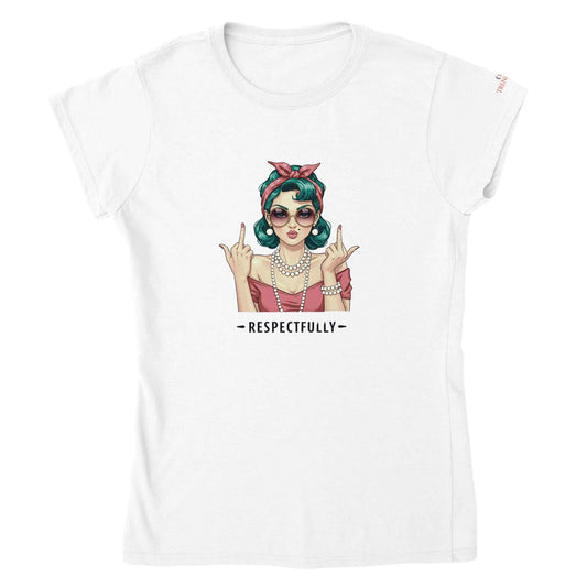 Weißes klassisches T-Shirt mit stilvollem Retro-Mädchen-Print und Schriftzug "Respectfully"