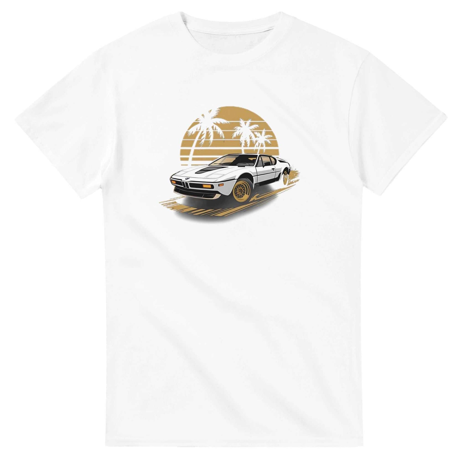 Premium unisex summer car t-shirt with classic fit and car graphic design on white heavyweight cotton fabric