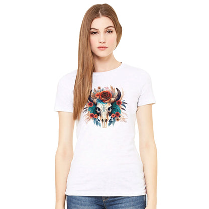 Damen weißes Premium Texas Flower T-Shirt aus 100% Baumwolle mit stilvollem floralen Totenkopf-Design und taillierter Passform.