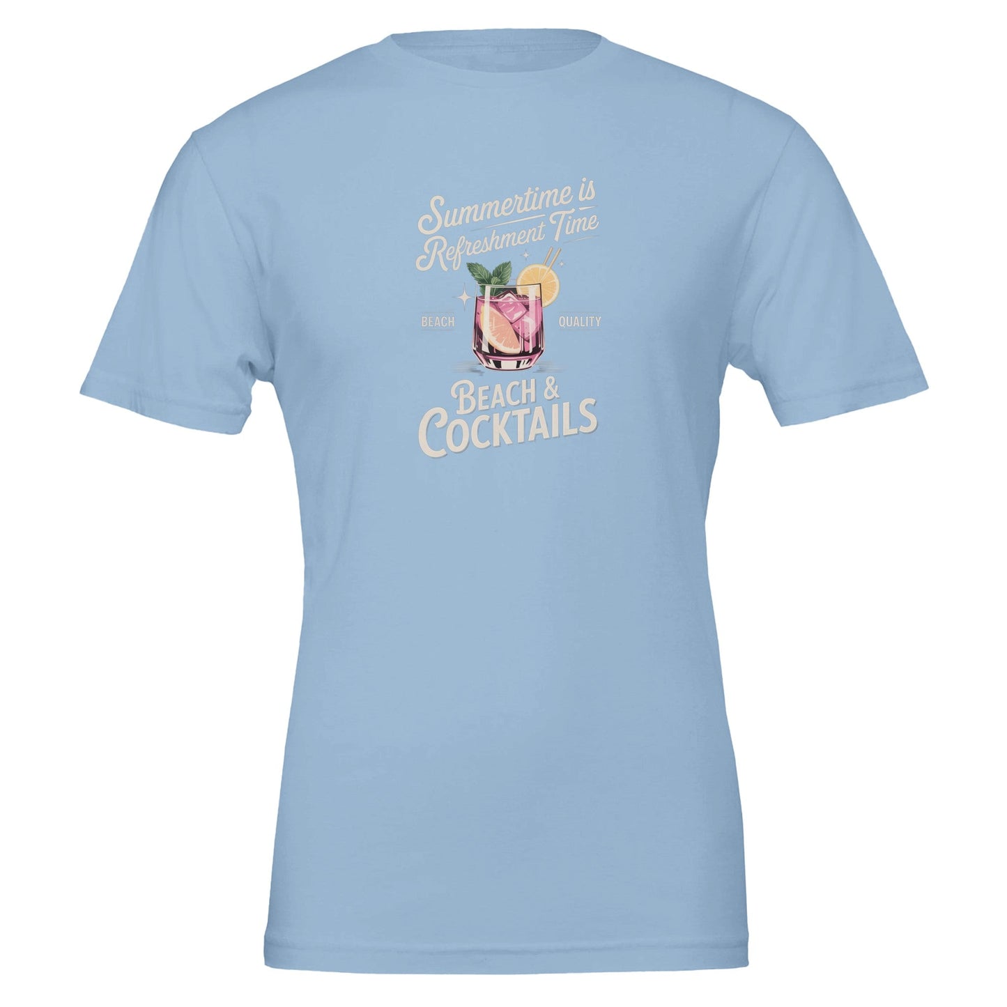 hellblaues premium sommer cocktail t-shirt aus weicher, nachhaltiger baumwolle mit beach & cocktails print