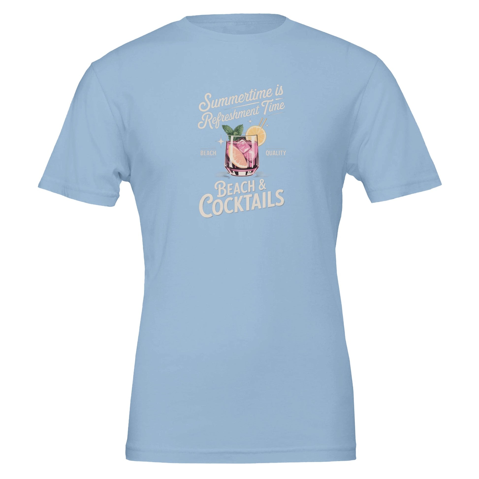 Light blue Premium Sommer Cocktail T-Shirt with "Summertime is Refreshment Time" and cocktail graphic, unisex soft cotton summer tee