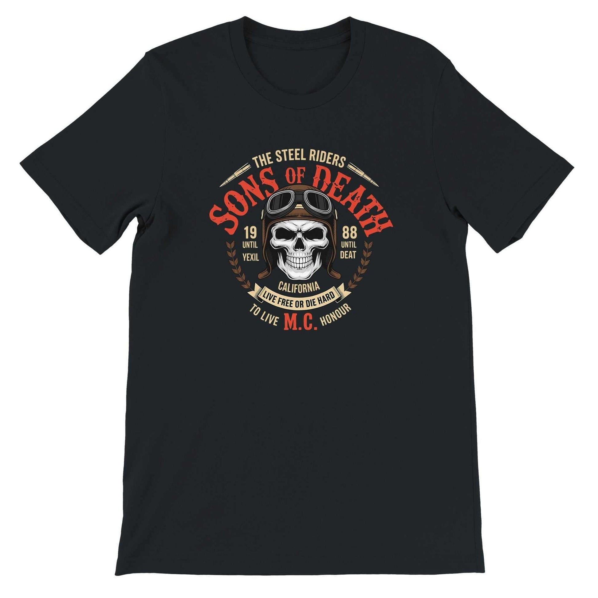 Schwarzes Biker T-Shirt mit Schädel- und Brillen-Design und Sons of Death Aufdruck, 100% Baumwolle, unisex, bequem und strapazierfähig