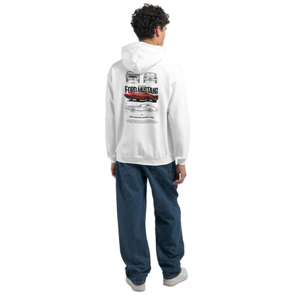 Weißer Ford Mustang Fan Hoodie mit Auto-Design, gemütliches Kapuzen-Sweatshirt für Mustang-Liebhaber aus Baumwoll-Polyester-Mischung.