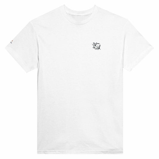 Weißes Premium Kranich Stickerei Unisex T-Shirt aus 100% Baumwolle mit klassischer Passform und langlebiger Doppelnaht