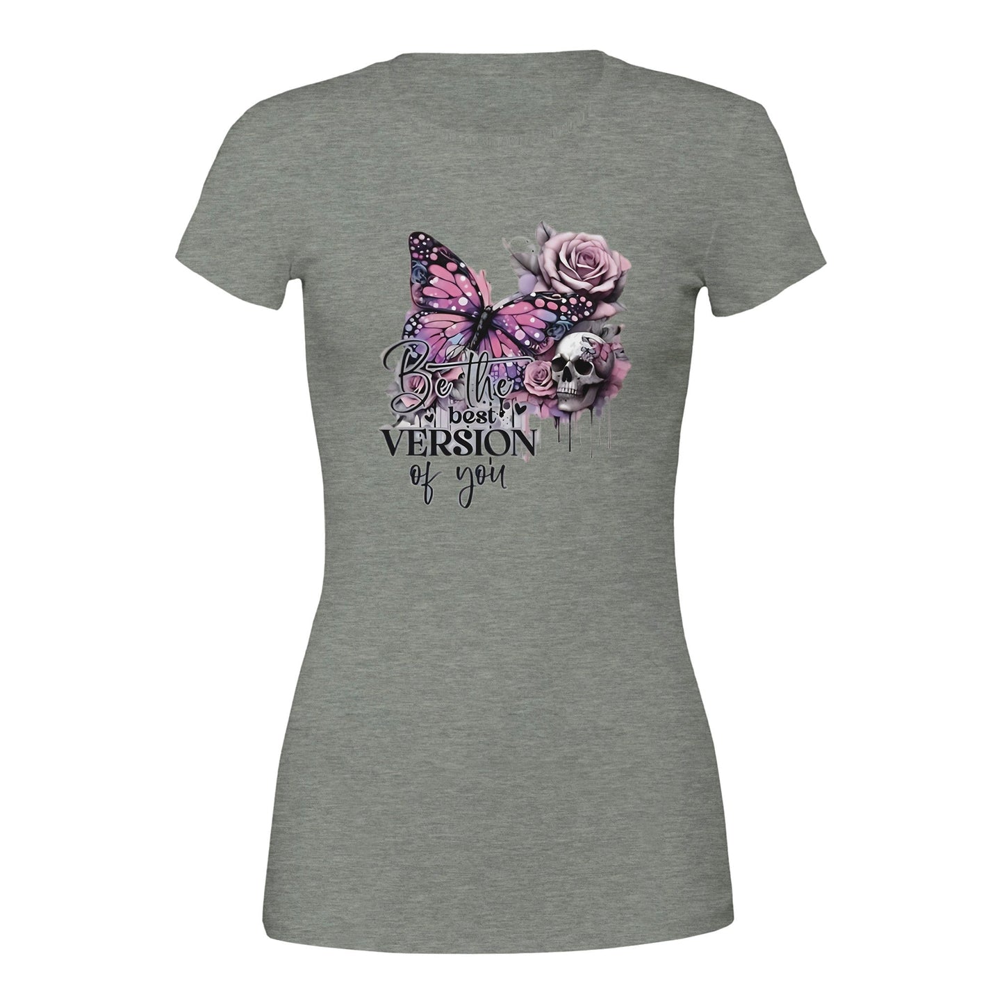 premium damen crewneck t-shirt aus weichem baumwollmischgewebe mit inspirierendem "best of you"-schriftzug und floralem schmetterlingsdesign in grau.