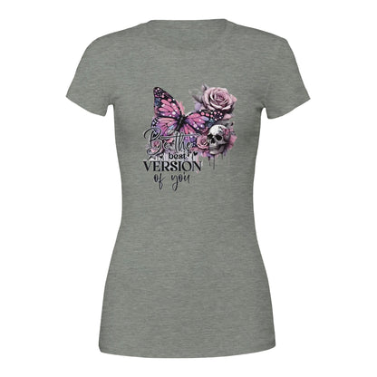 Premium Damen Crewneck T-Shirt aus weichem Baumwollmischgewebe mit inspirierendem "Best of You"-Schriftzug und floralem Schmetterlingsdesign in Grau.