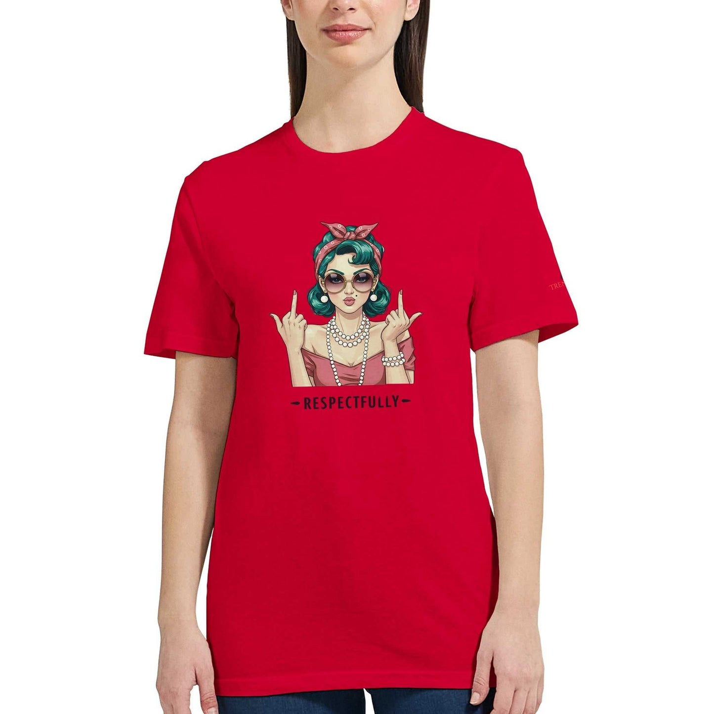 rotes klassisches t-shirt mit "respectfully" grafik und halbtailliertem schnitt aus 100 % baumwolle