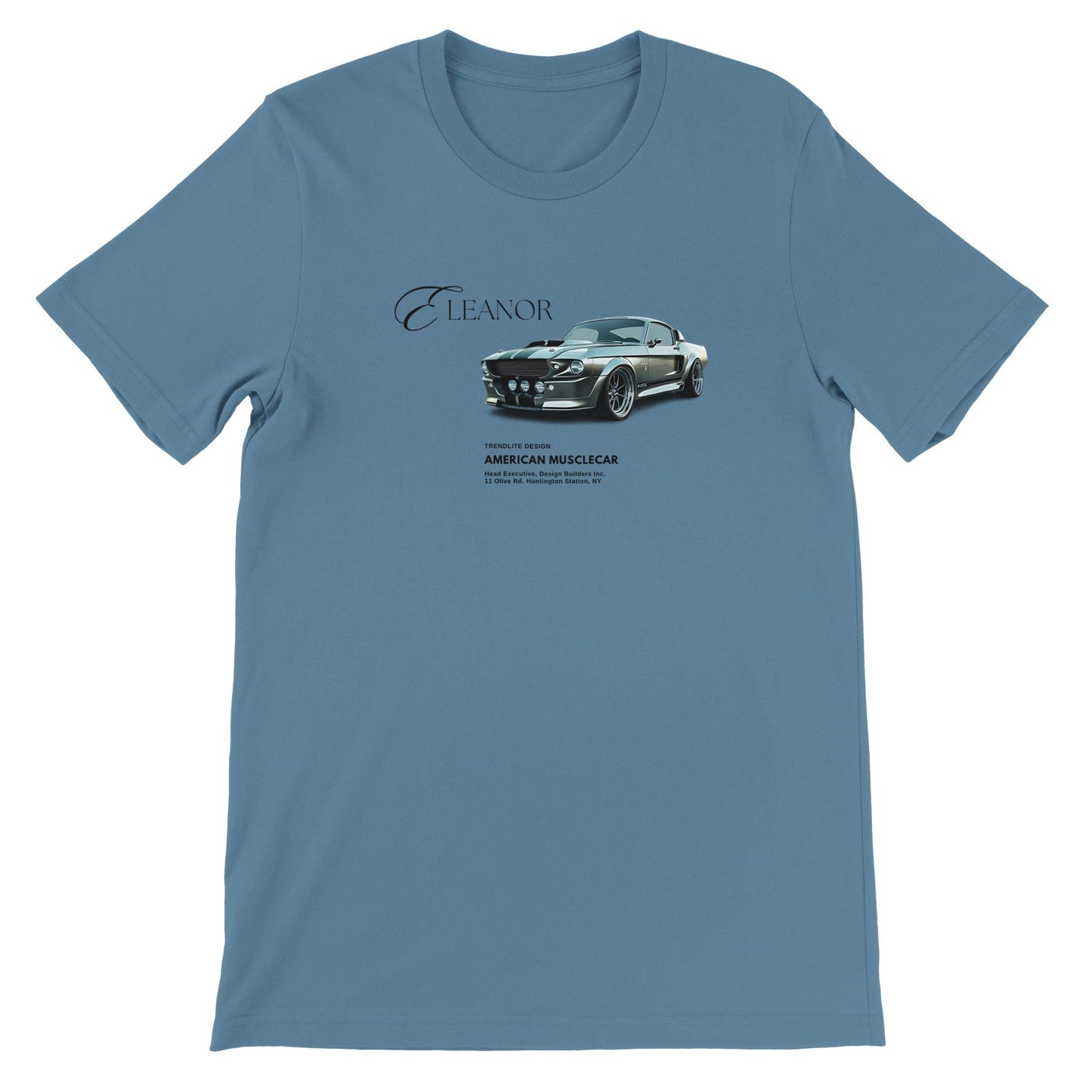 eleanor lieblings t-shirt aus 100% baumwolle in blau mit american musclecar motiv, unisex-sommer-shirt, weiche und nachhaltige passform