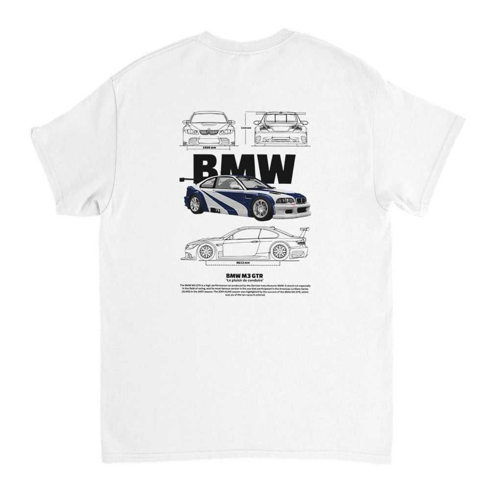 Weißes BMW E30 M3 Herren T-Shirt aus schwerer Baumwolle mit Motorsport-Design und Auto-Skizzen auf der Rückseite