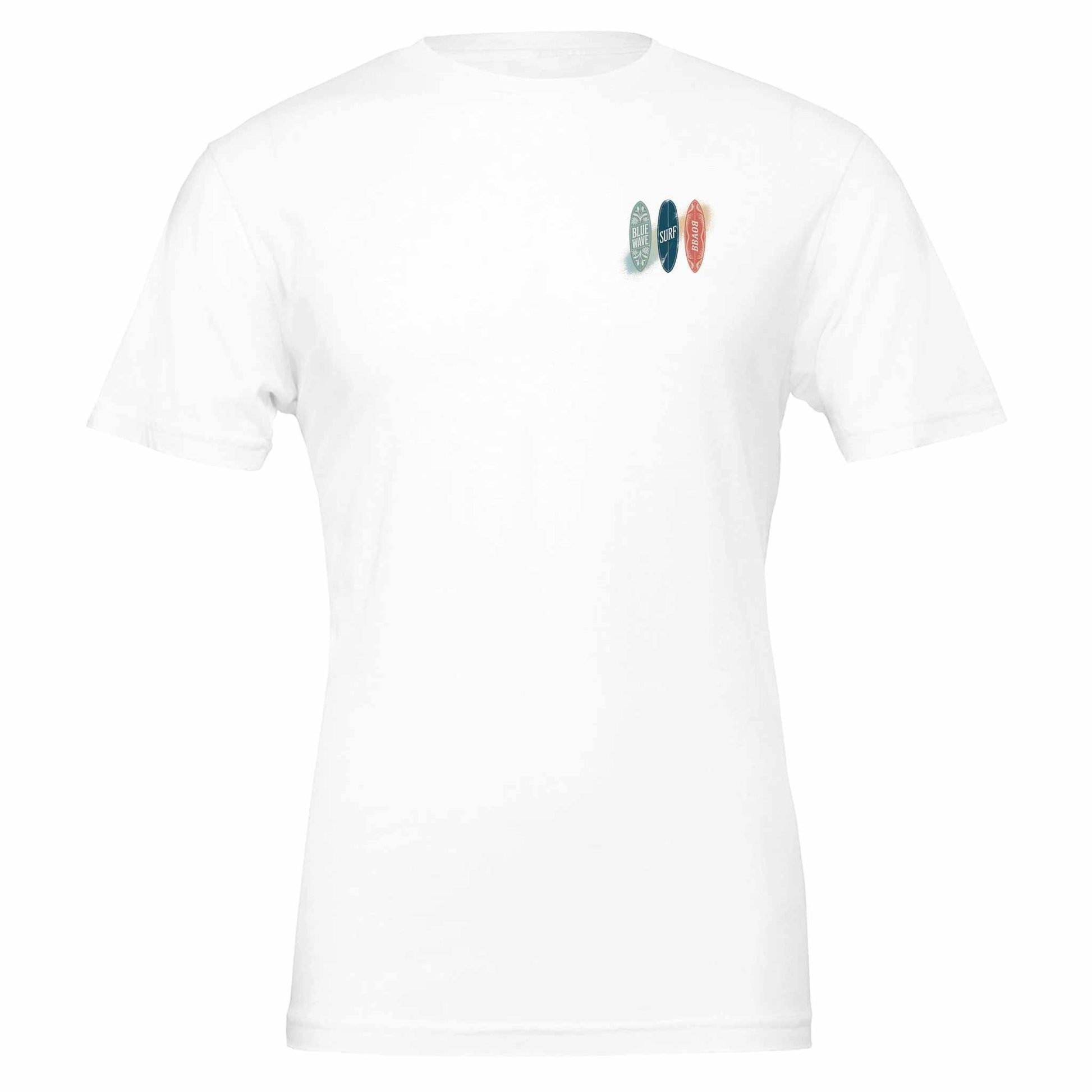 Weißes Premium Surfer T-Shirt aus weicher Airlume-Baumwolle mit Surfer-Motiv für Sommer und Strandpartys