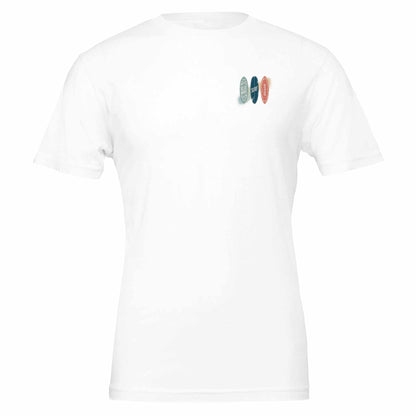 Weißes Premium Surfer T-Shirt aus weicher Airlume-Baumwolle mit Surfer-Motiv für Sommer und Strandpartys