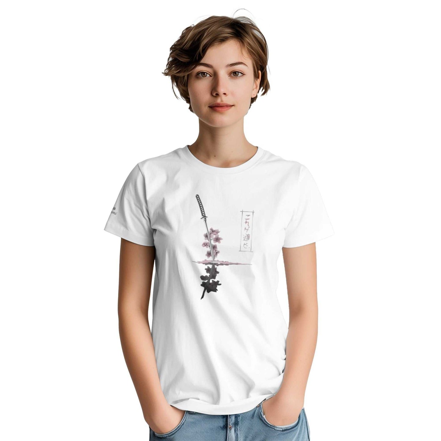 woman wearing white sakura samurai t-shirt with japanese sword and cherry blossom design, casual unisex style