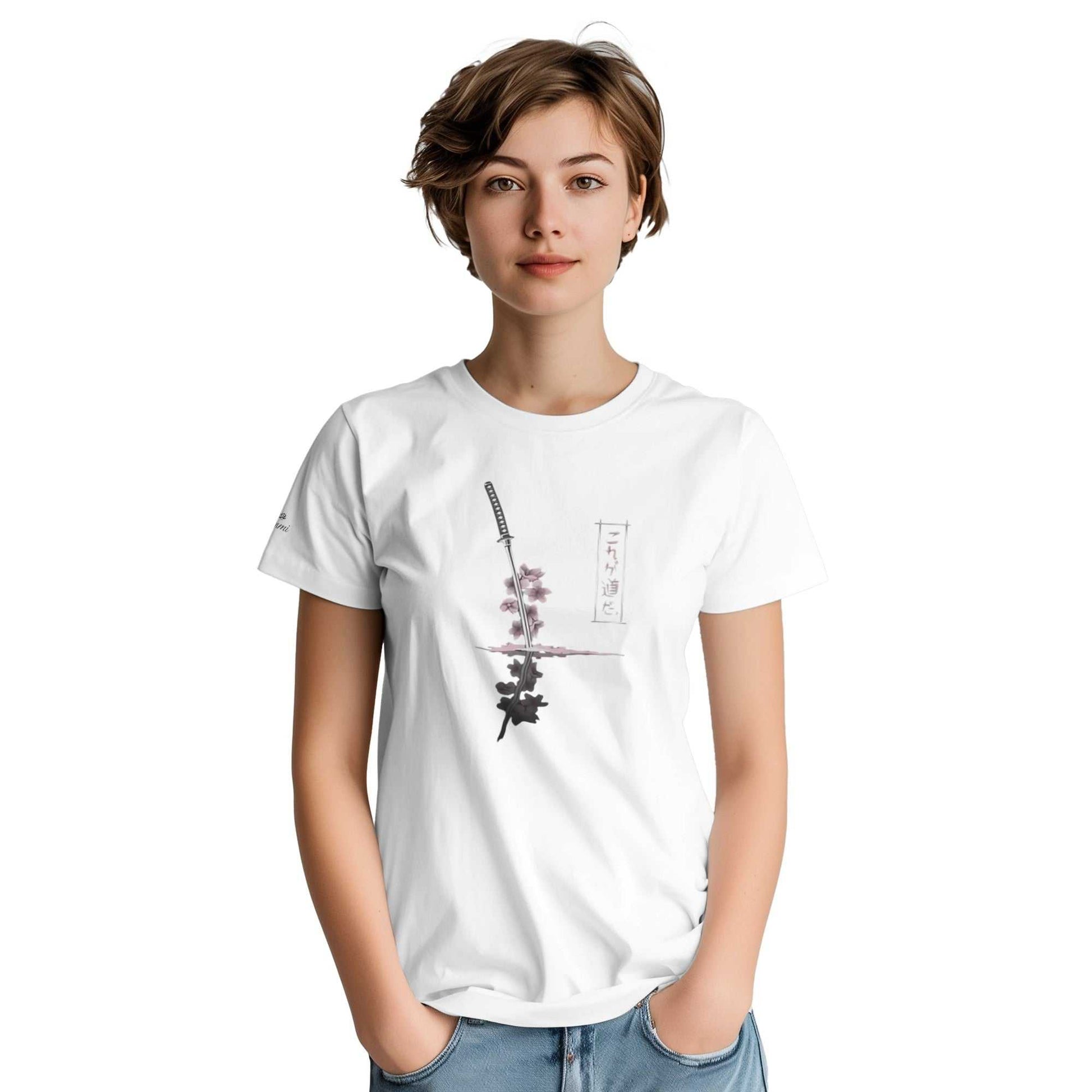Woman wearing white Sakura Samurai T-Shirt with Japanese sword and cherry blossom design, casual unisex style