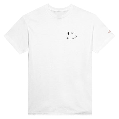 Weißes Stickerei Smile Unisex T-Shirt aus 100% Baumwolle mit lässigem Stil und doppelter Naht am Kragen, Ärmeln und Saum