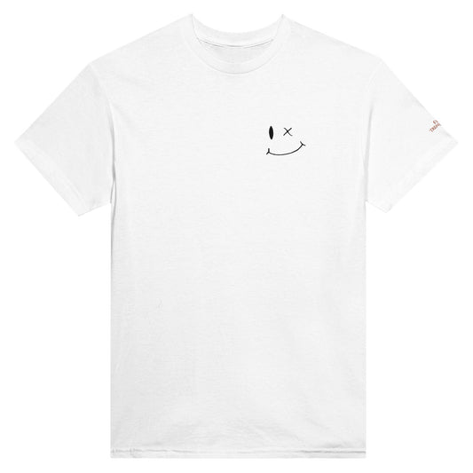 Weißes Stickerei Smile Unisex T-Shirt aus 100% Baumwolle mit lässigem Stil und doppelter Naht am Kragen, Ärmeln und Saum