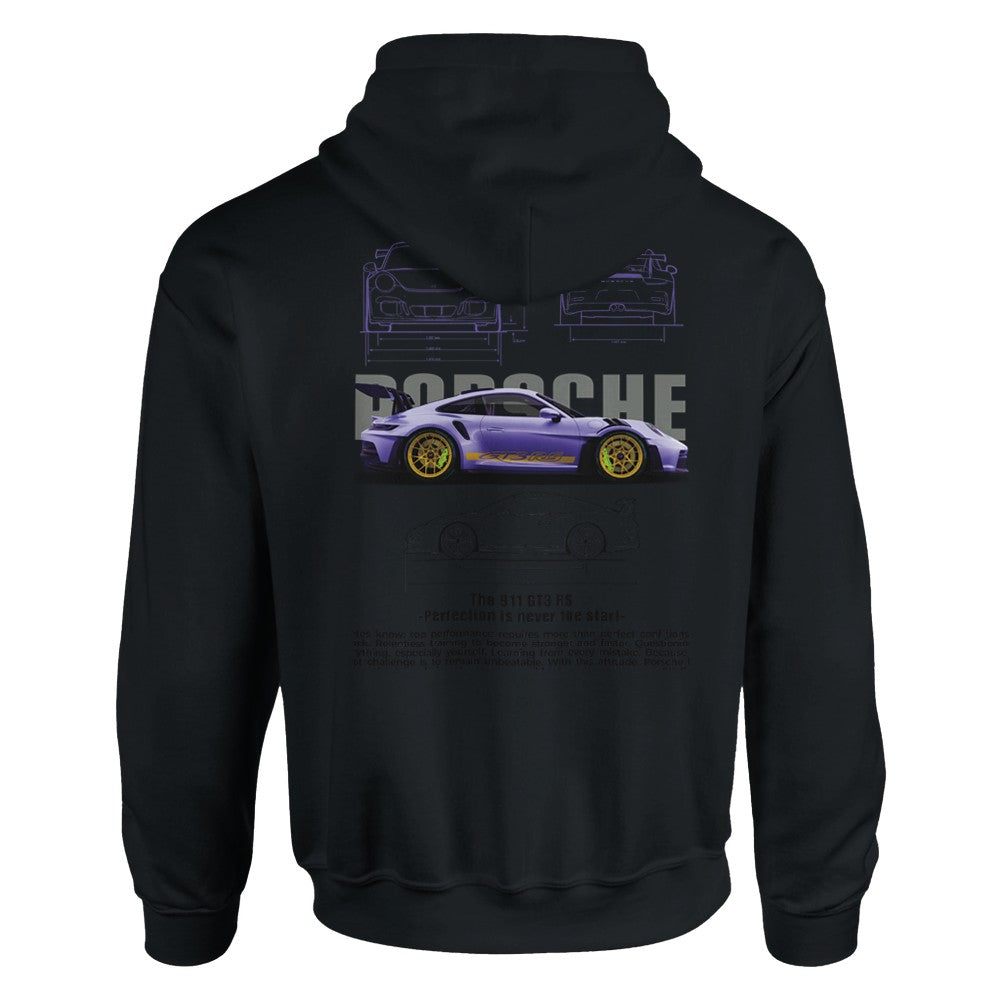 berry porsche design hoodie schwarz mit lila rennwagenmotiv und doppelter kapuze aus baumwoll-polyester-mischung