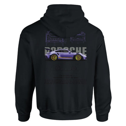 Berry Porsche Design Hoodie schwarz mit lila Rennwagenmotiv und doppelter Kapuze aus Baumwoll-Polyester-Mischung