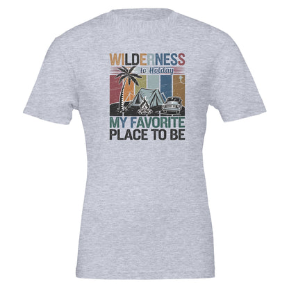 Premium Wilderness T-Shirt mit weichem Stoff und Unisex-Passform, graues T-Shirt mit Outdoor-Motiv und Spruch "My Favorite Place To Be"