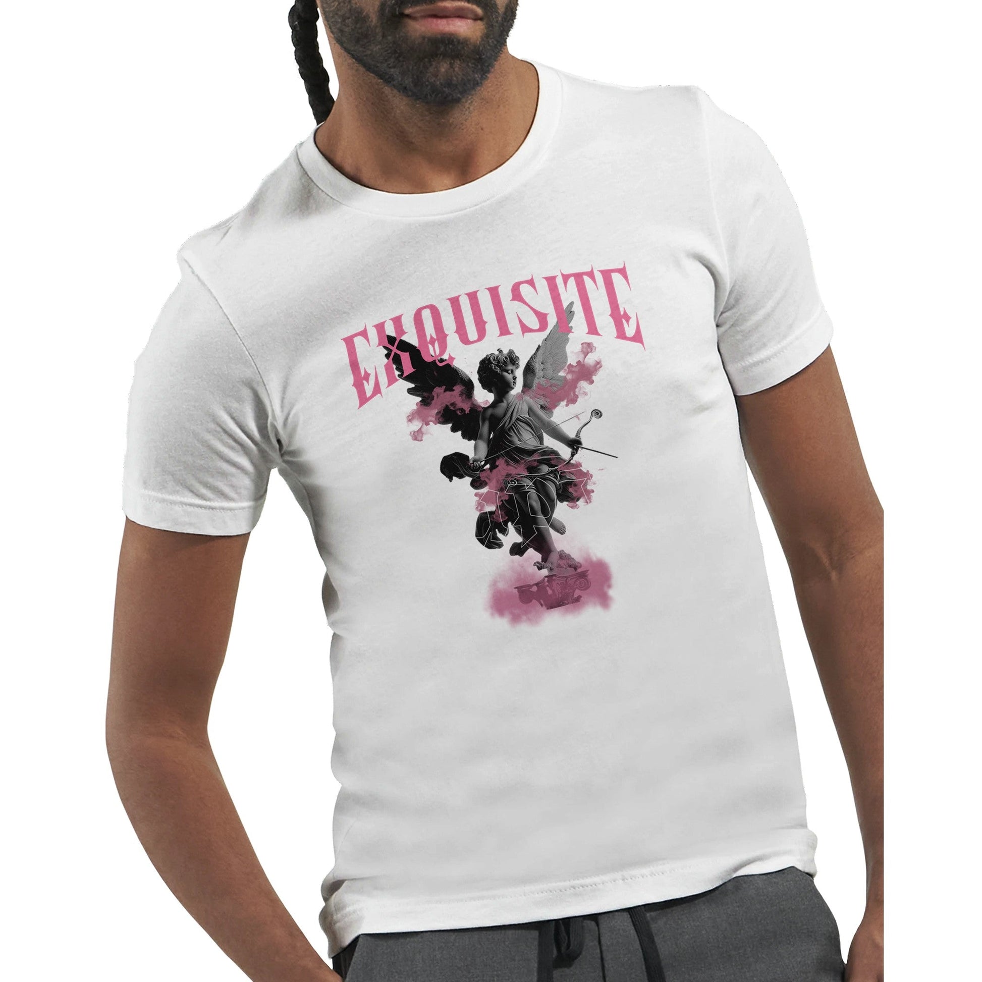 Weißes Unisex Crewneck T-Shirt aus weicher Baumwolle mit künstlerischem "Exquisite"-Print, ideal für DTG-Druck.