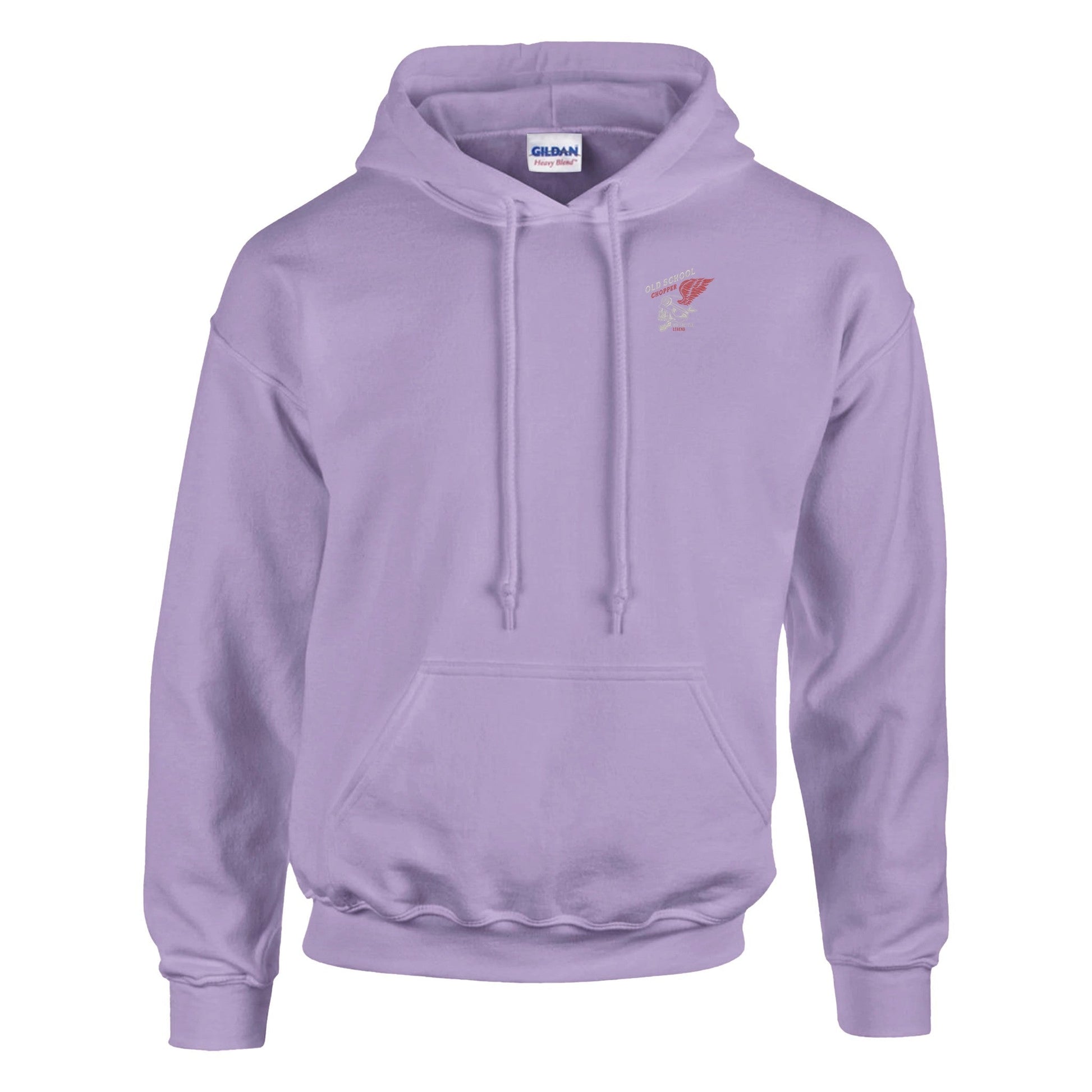 Men's lavender rocker biker hoodie with double-lined hood, soft cotton-polyester blend, front kangaroo pocket, and ribbed cuffs and waistband.