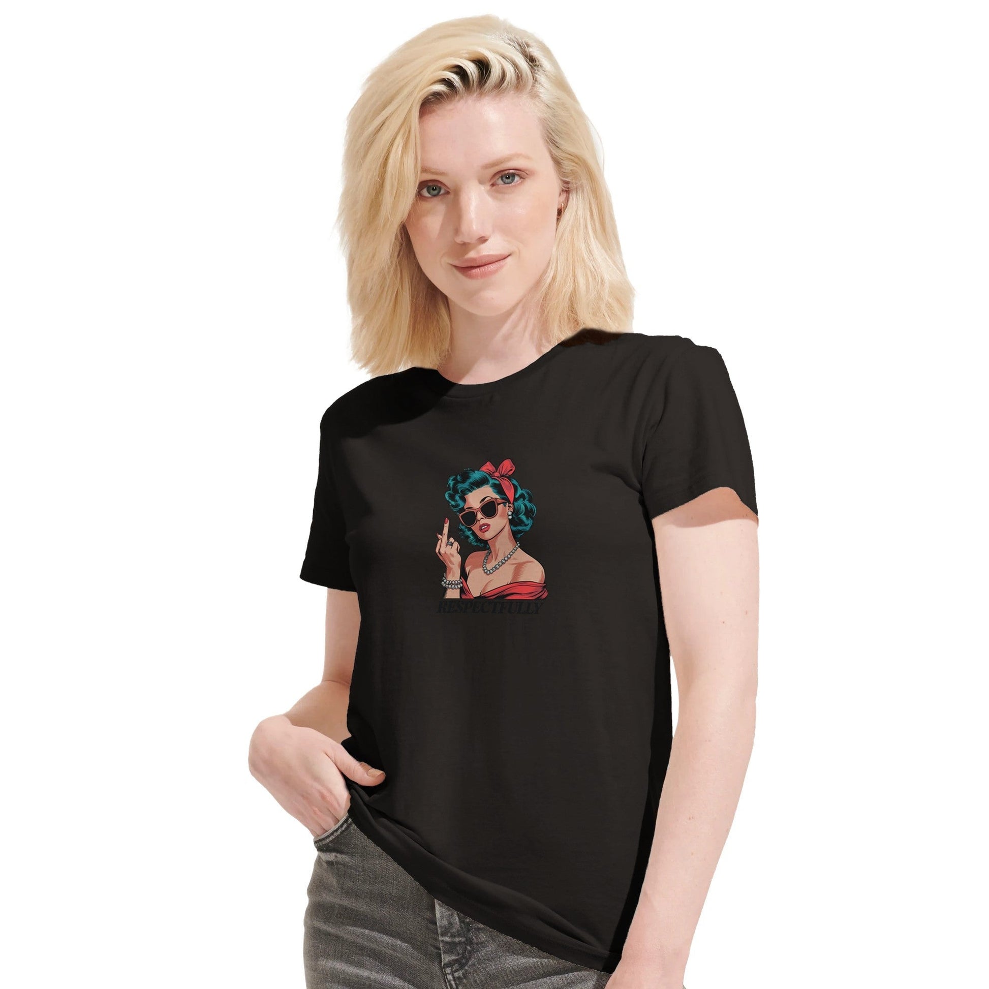 Woman wearing black recycled T-shirt with humorous middle finger graphic design