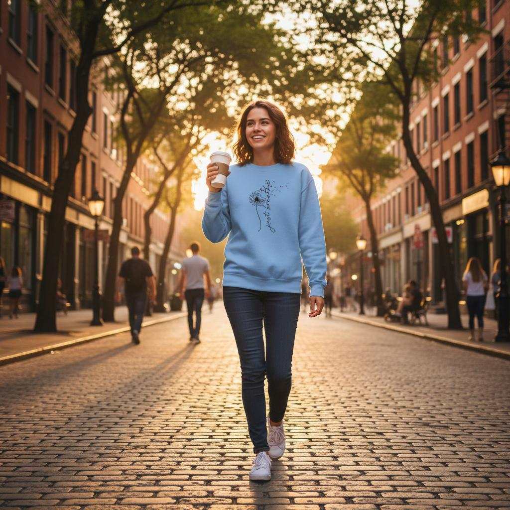 frau trägt blaues sweatshirt entspannungs pullover aus baumwollpoly-mischung bei abendspaziergang in der stadt