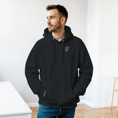 Man wearing black Rocker Biker Hoodie with double-lined hood and front pocket indoors