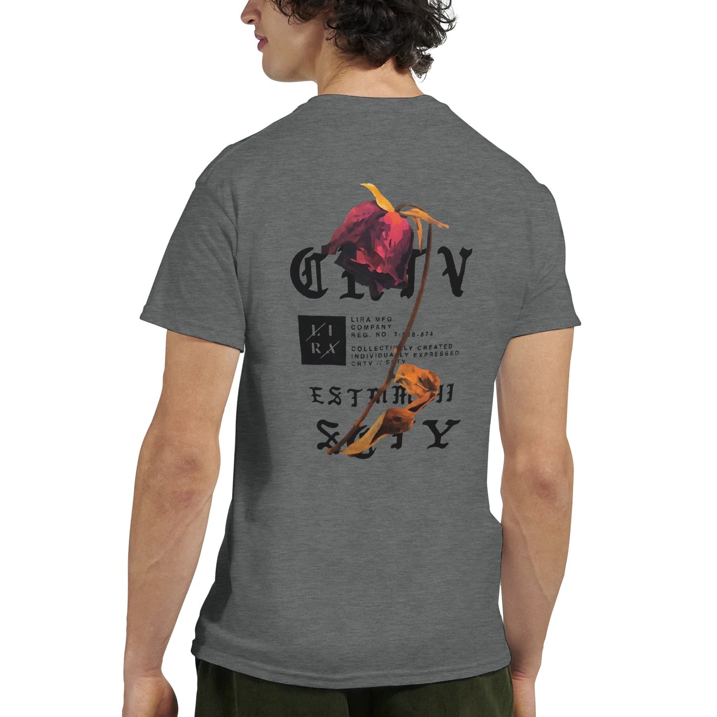 graues lira streetart unisex t-shirt aus baumwolle mit floralem und schrift-print auf der rückseite
