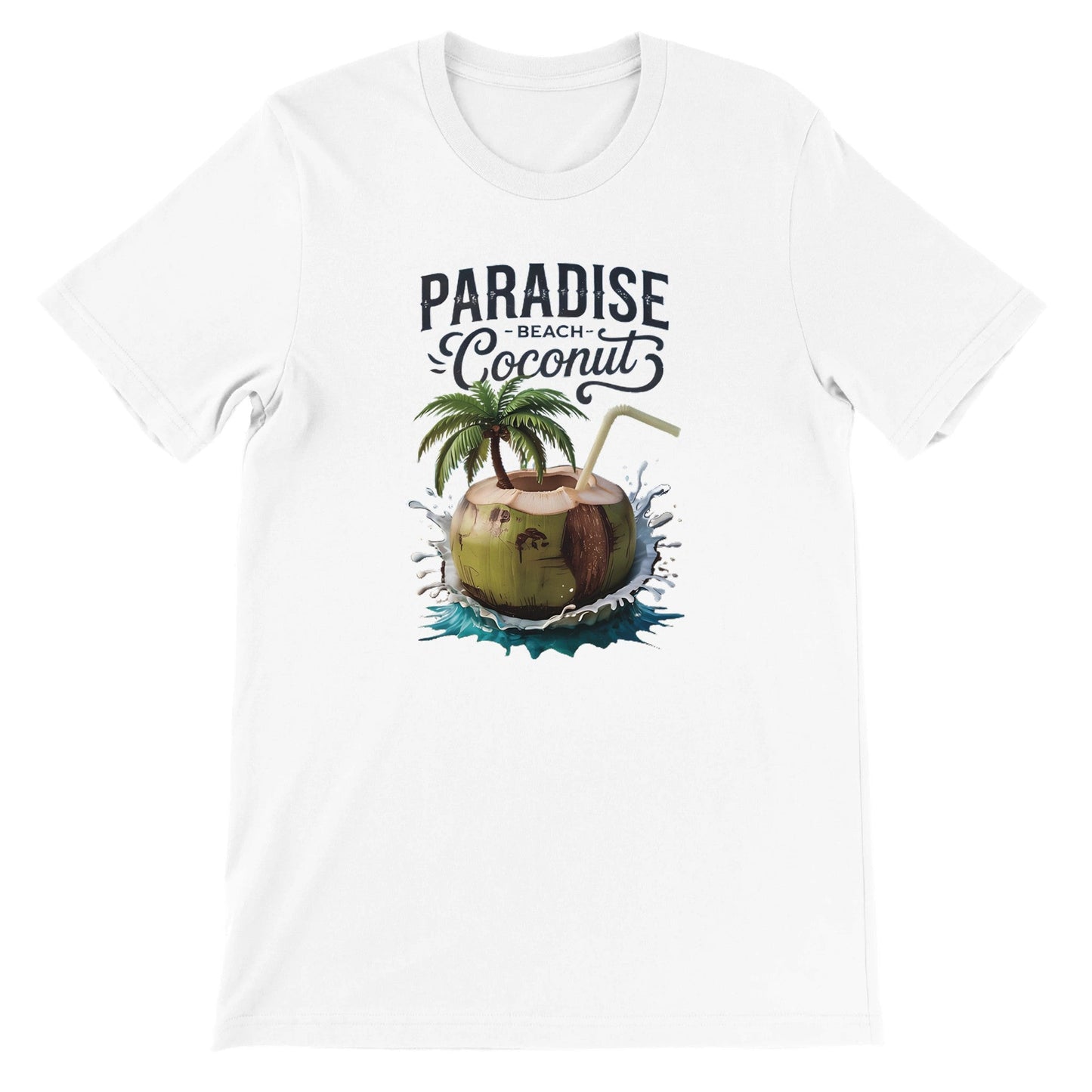 weißes sommer t-shirt mit kokosnuss-strand-print und paradies-schriftzug, atmungsaktiv und bequem.