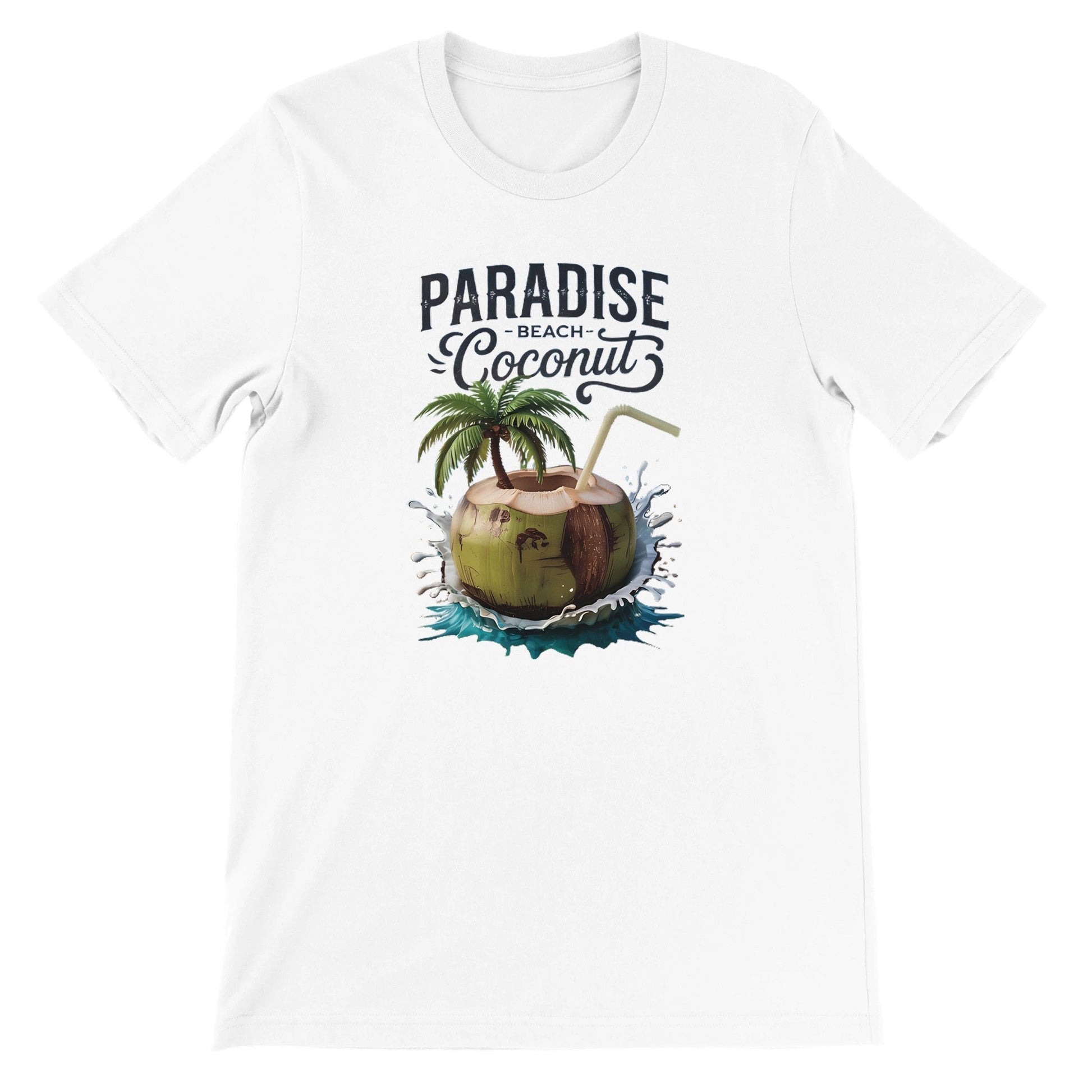 Weißes Sommer T-Shirt mit Kokosnuss-Strand-Print und Paradies-Schriftzug, atmungsaktiv und bequem.